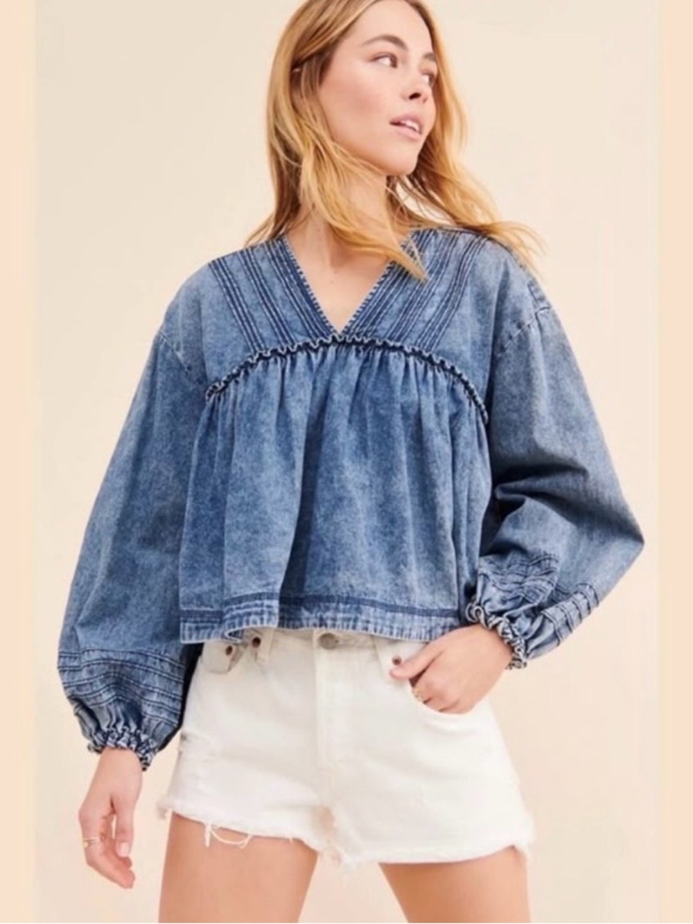 Free People Medium Denim Blue Jean Charlotte Blouse Peplum Top Shirt
